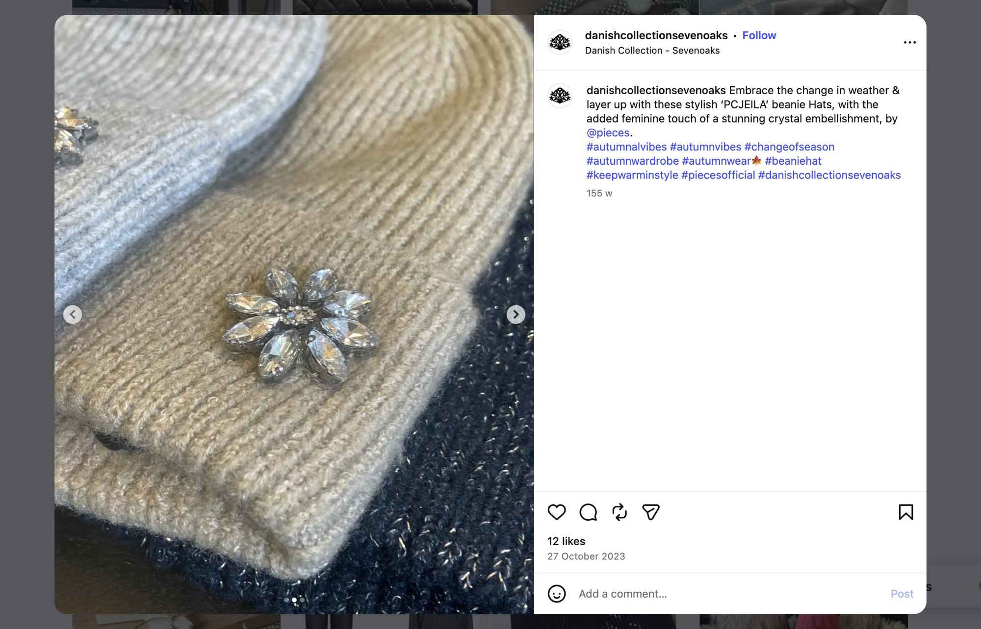 Screenshot of the Danish Collection Sevenoaks Instagram post showing knitted beanies with a crystal flower embellishment, with its caption