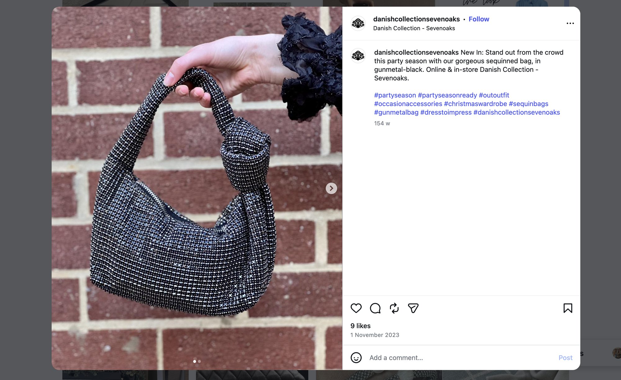 Screenshot of the Danish Collection Sevenoaks Instagram post showing a hand holding a sequinned gunmetal knot handbag, with its caption