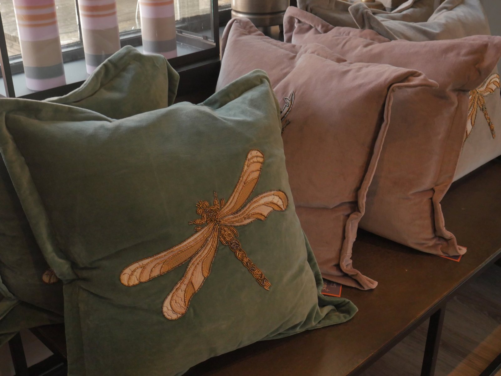 Velvet cushions in green and blush with beaded dragonfly embroidery
