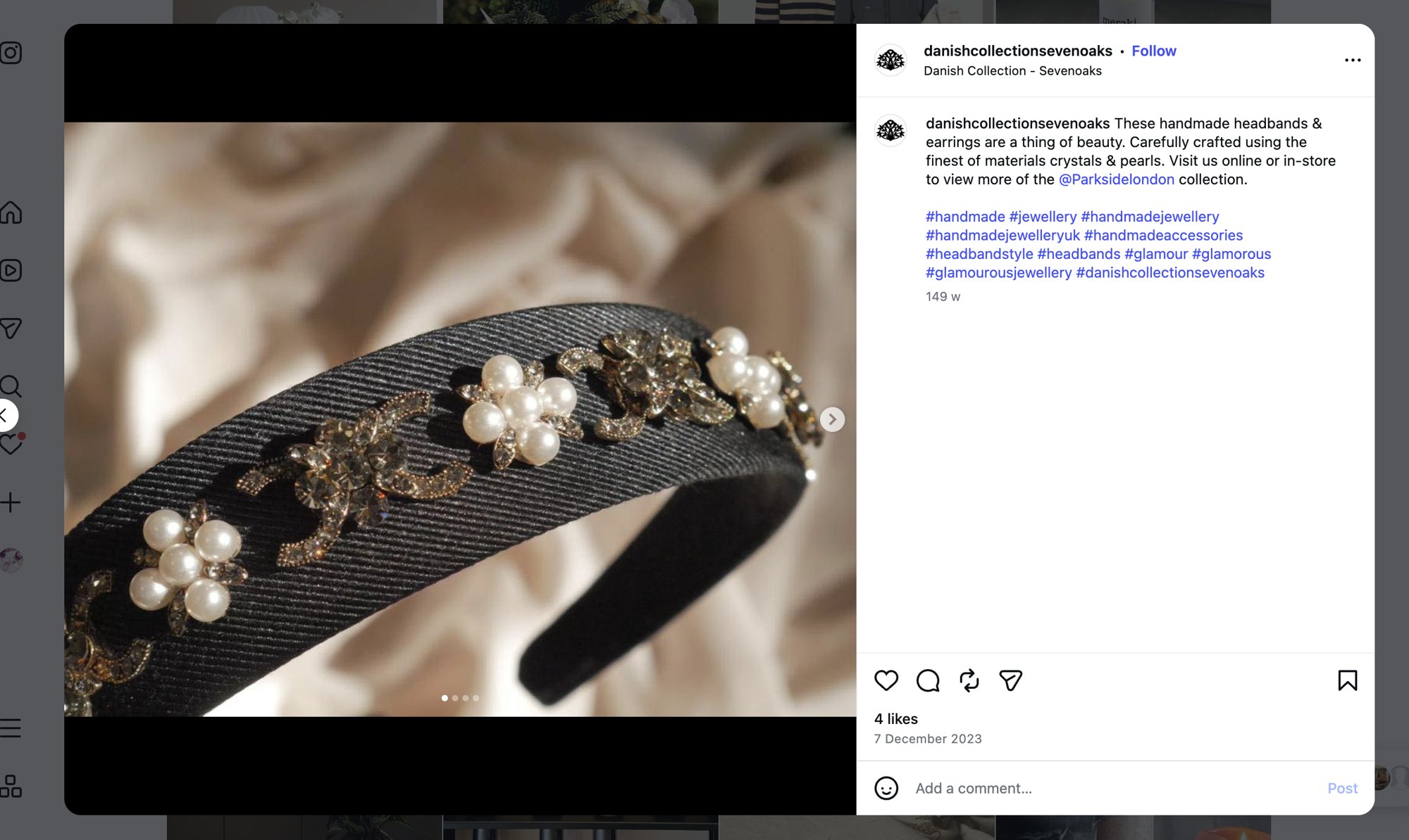 Screenshot of the Danish Collection Sevenoaks Instagram post showing a black headband decorated with pearls and crystals, with its caption