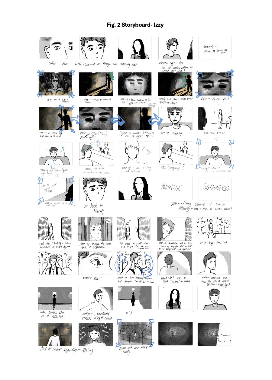 Fig. 2: hand-drawn storyboard by Izzy with shot notes and camera movement arrows