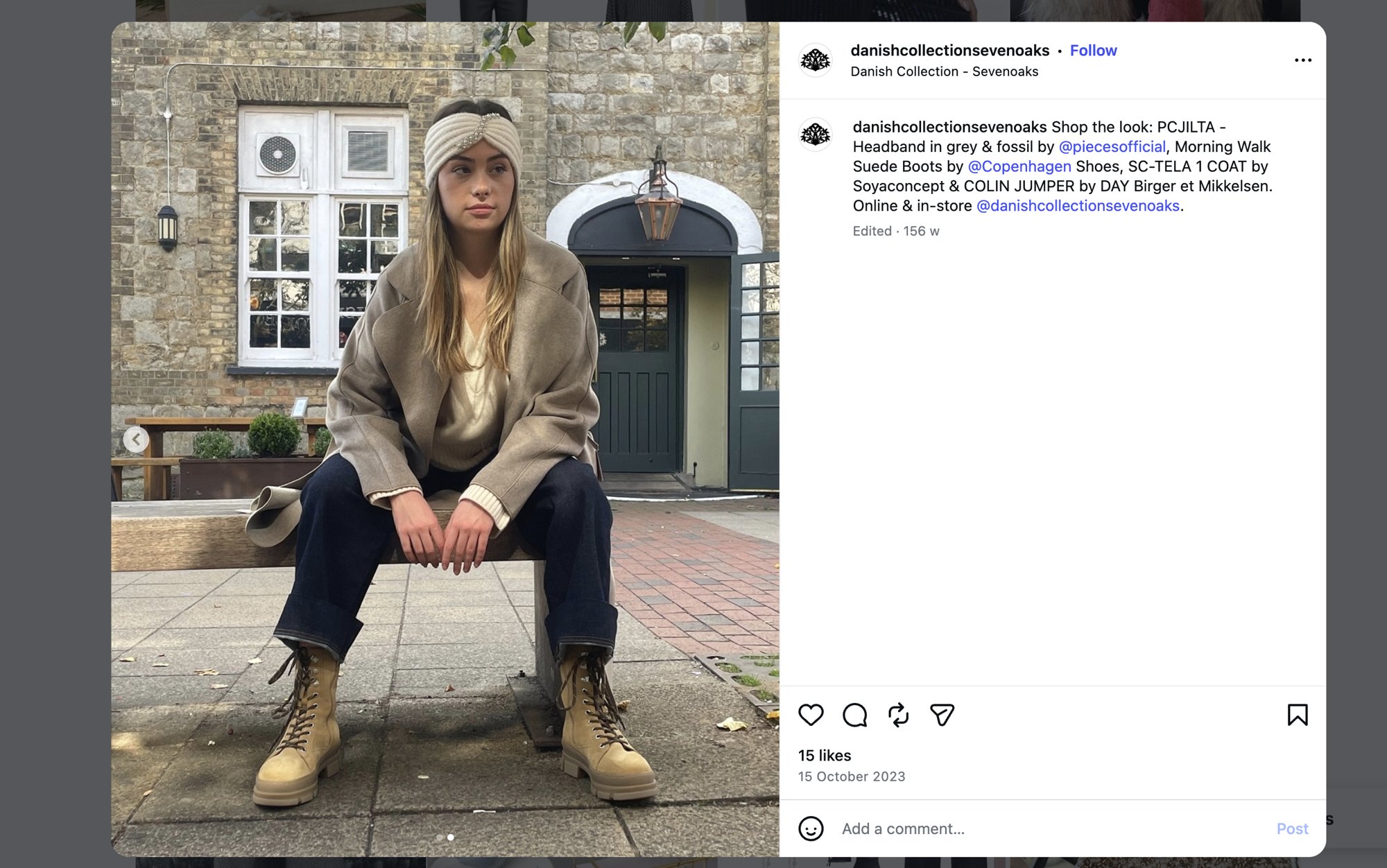 Screenshot of the Danish Collection Sevenoaks Instagram post showing a model seated on a bench in a beige coat, jewelled headband and suede boots, with its caption