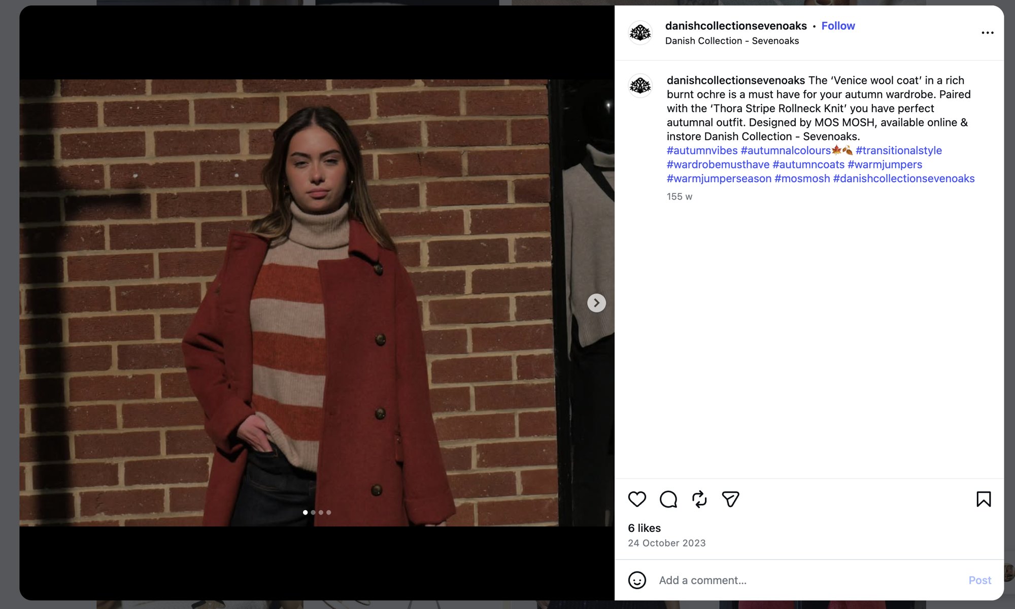 Screenshot of the Danish Collection Sevenoaks Instagram post showing a model in a burnt ochre wool coat and striped roll-neck knit, with its caption