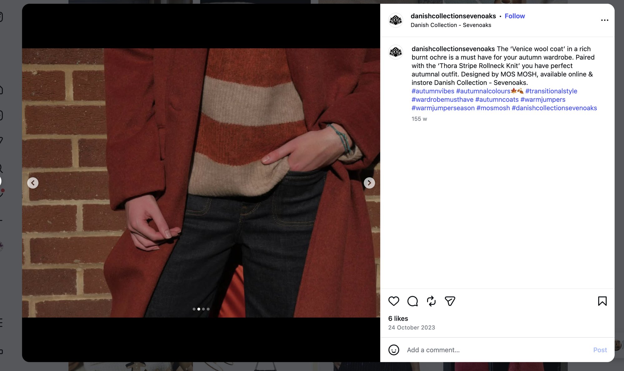 Screenshot of the Danish Collection Sevenoaks Instagram carousel slide showing a striped knit and ochre coat detail, with its caption