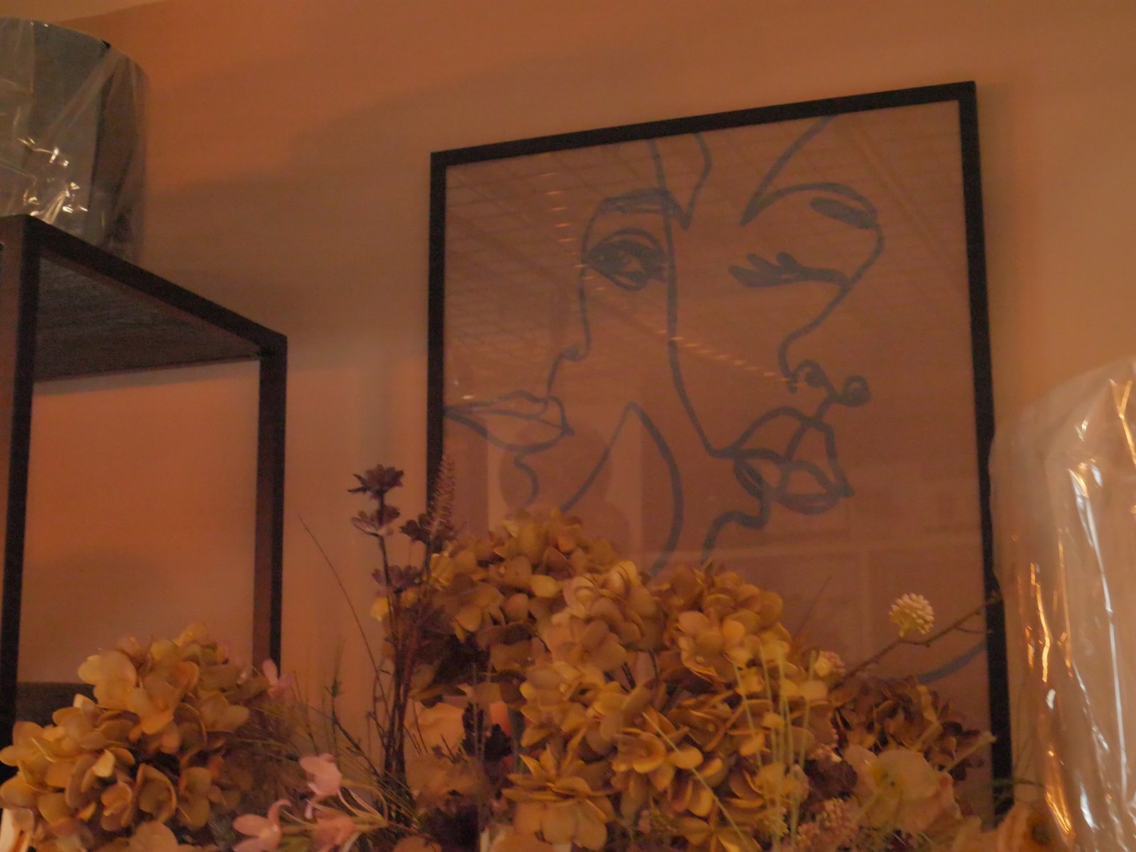 Framed line drawing of two faces behind dried hydrangeas